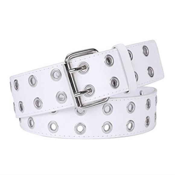 Double Grommet Punk Belt White Vegan Leather Studded Belt for Women Men Jeans main image 6